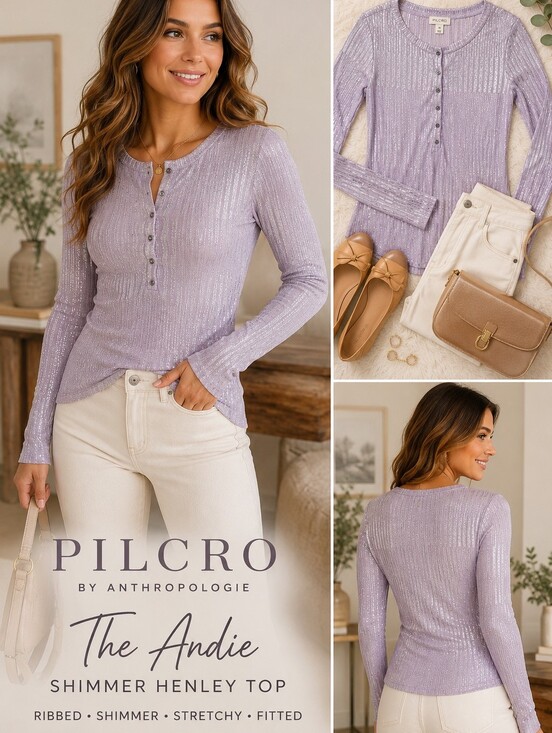Anthropologie Tops - Pilcro by Anthropologie Andie Shimmer Ribbed Henley Top XS Lavender Metallic NWT